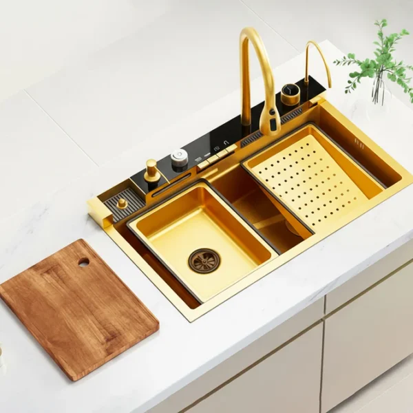 حوض مطبخ سمارت بيانو ديجيتال 5 ازرار 45×75سم بجميع المشتملات ذهبي من اصيل