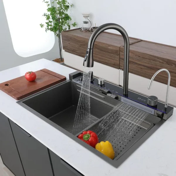 حوض مطبخ سمارت ديجيتال عدد 5 زرار مقاس 75×45سم بخلاط شداد و قورمة و ضاغط صابون و مغسلة اكواب و حنفية فلتر و الصرف اللون اسو من اصيل